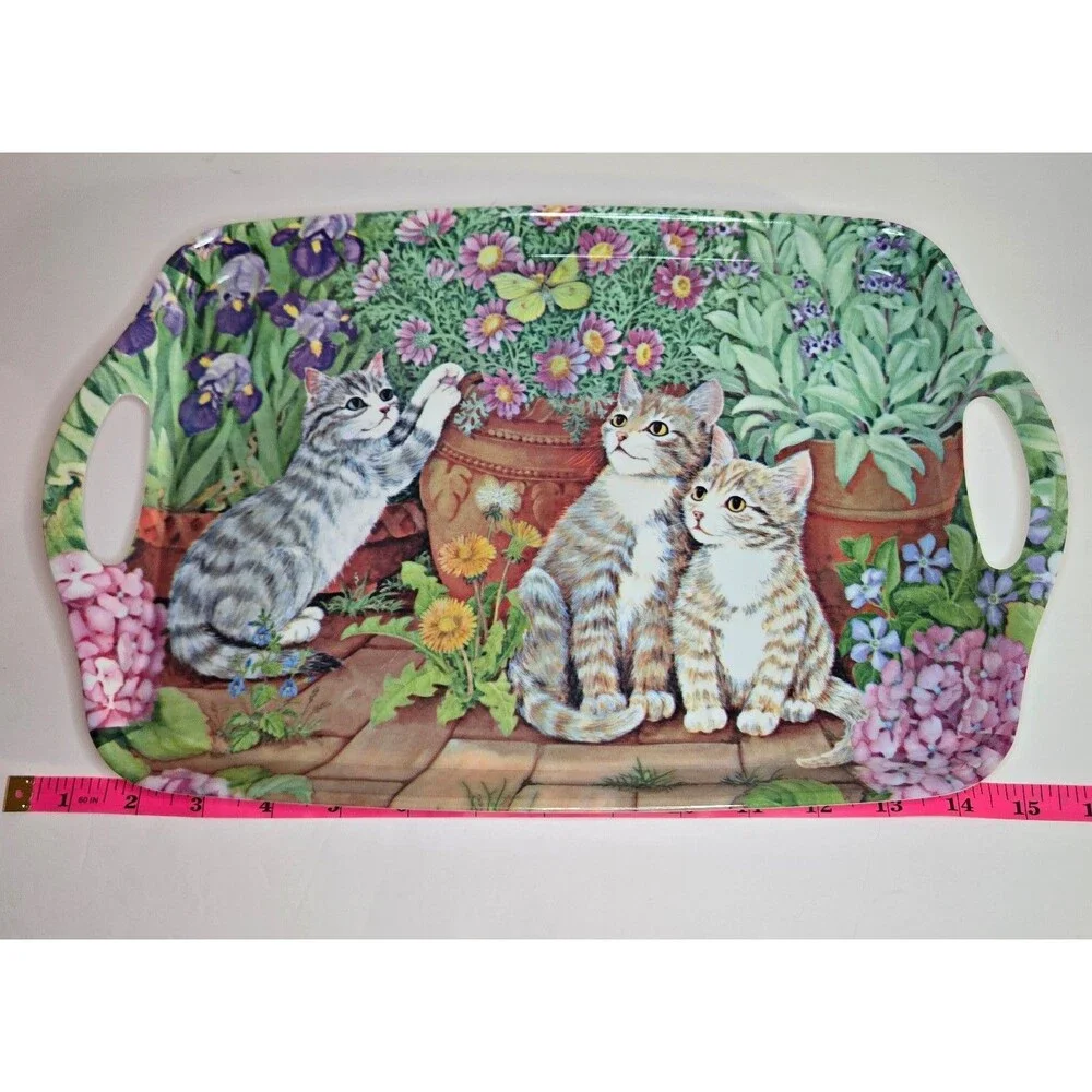 Melamine Ware Flowers/Felines Kittens Cats Rectangle Serving Tray Raised Edge